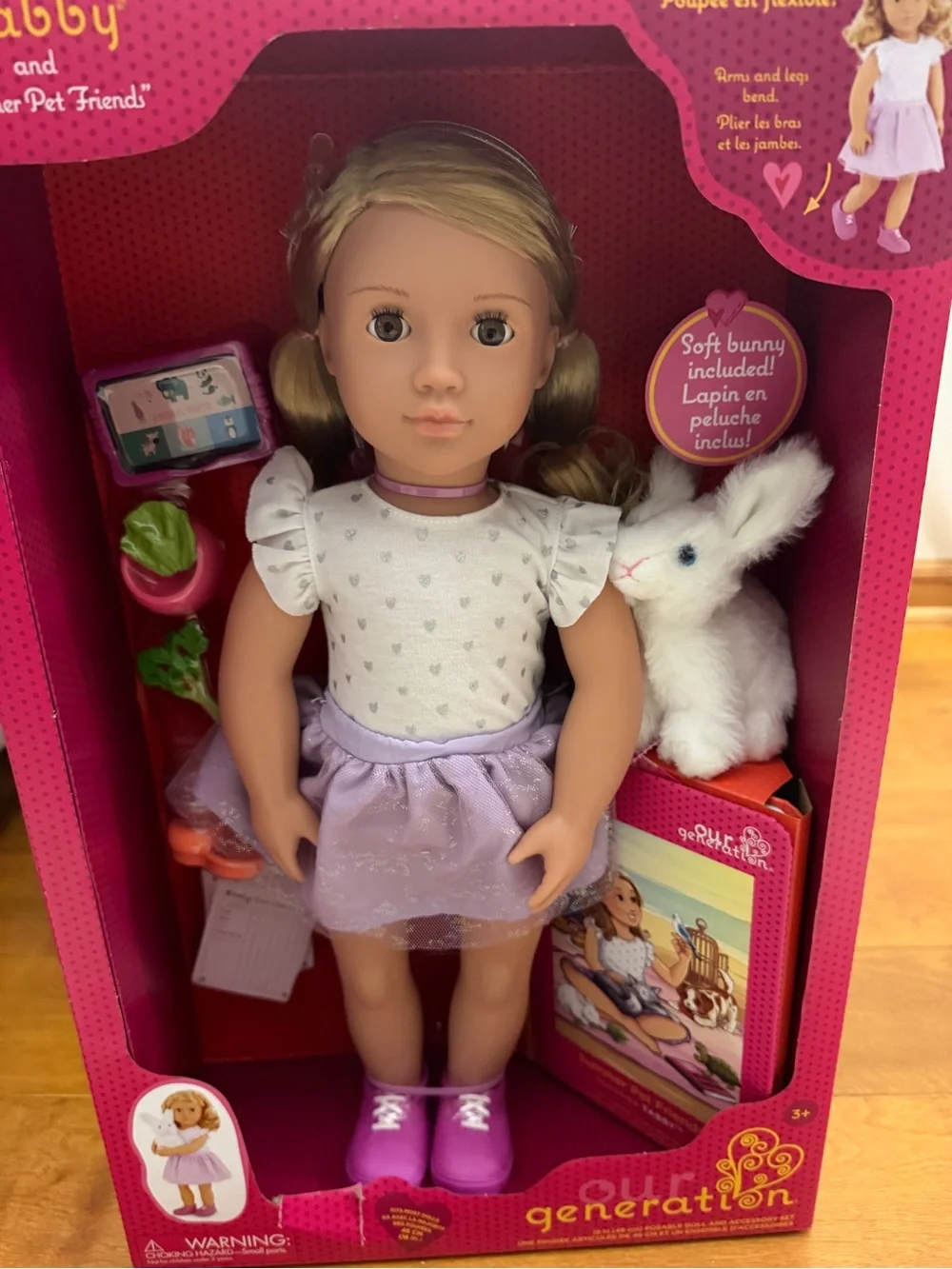 Our Generation Tabby Doll in Lavender Skirt with White Top and Plush Bunny